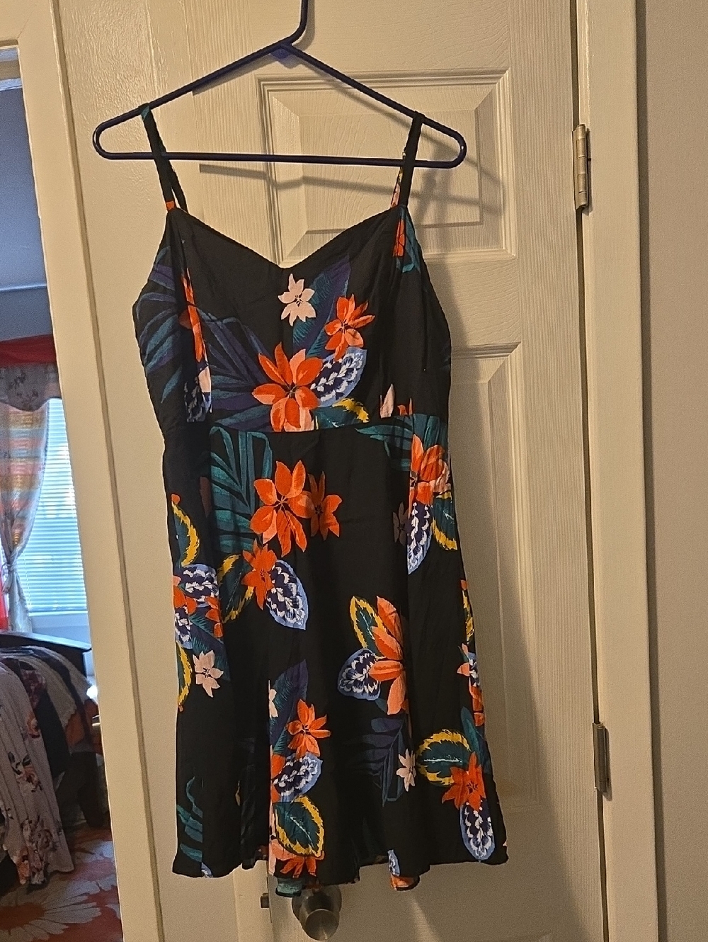 Old Navy Black Floral Mini Dress with Orange & Blue Accents